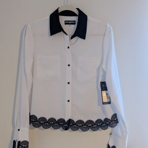 Karl Lagerfeld White and Black Lace Trim Blouse Size S NWT